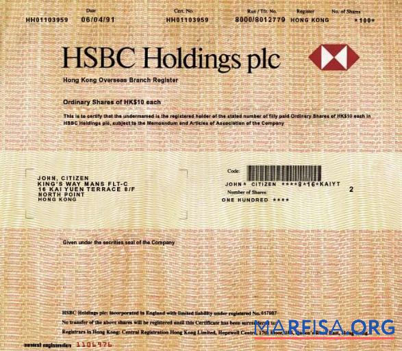 Printable HONG KONG HSBC HOLDINGS REFERANCE sample